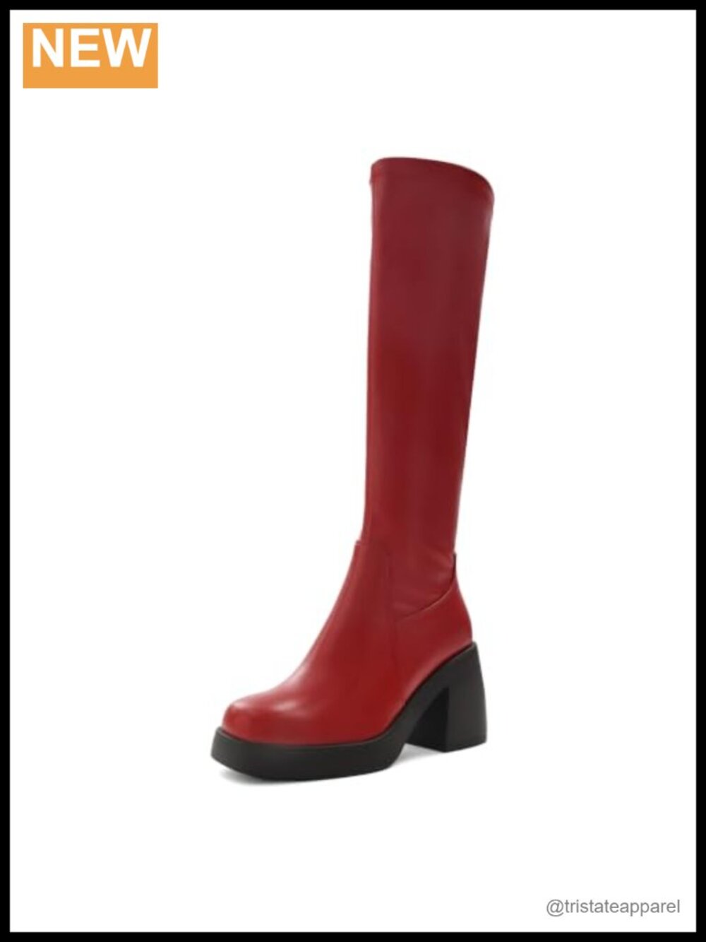 Stretch PU Knee High Platform Boots Square Toe Chunky Heel Side Zipper
